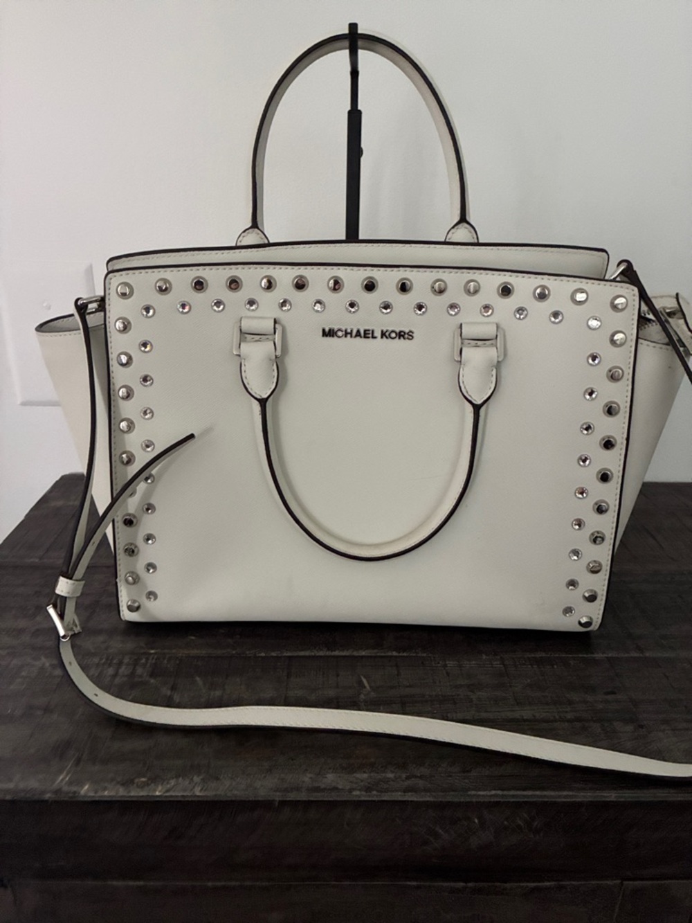 Michael Kors White Studded Leather Satchel with Silver Accents